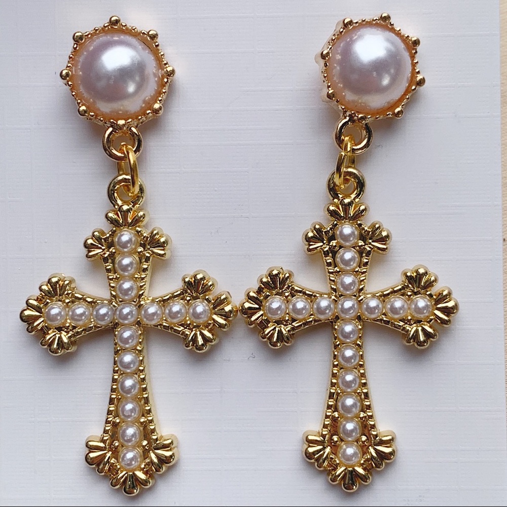 Gold Pearl Cross Stud Earrings